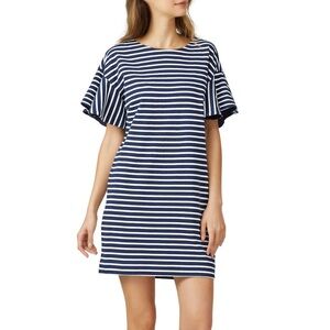 KINLY Navy and White Striped Flutter Sleeve Dress Nautical Size S Vacation Beach